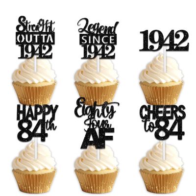 18pcs Black Glitter Dessert Cupcake Pick for Straight Outta 1942 Legend Since 1942 Theme Decor Supplies Men Happy 84th Birthday Party Decoration