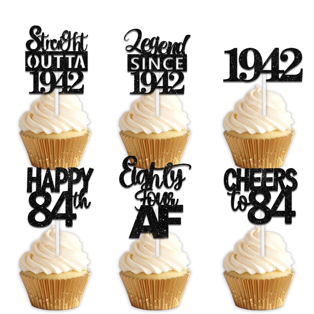 18pcs Black Glitter Dessert Cupcake Pick for Straight Outta 1942 Legend Since 1942 Theme Decor Supplies Men Happy 84th Birthday Party Decoration