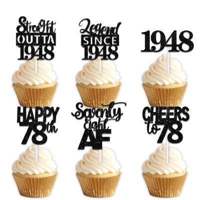 18pcs Black Glitter Dessert Cupcake Pick for Straight Outta 1948 Legend Since 1948 Theme Decor Supplies Men Happy 78th Birthday Party Decoration