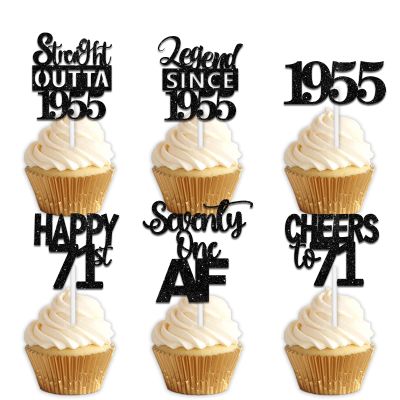 18pcs Black Glitter Dessert Cupcake Pick for Straight Outta 1955 Legend Since 1955 Theme Decor Supplies Men Happy 71st Birthday Party Decoration