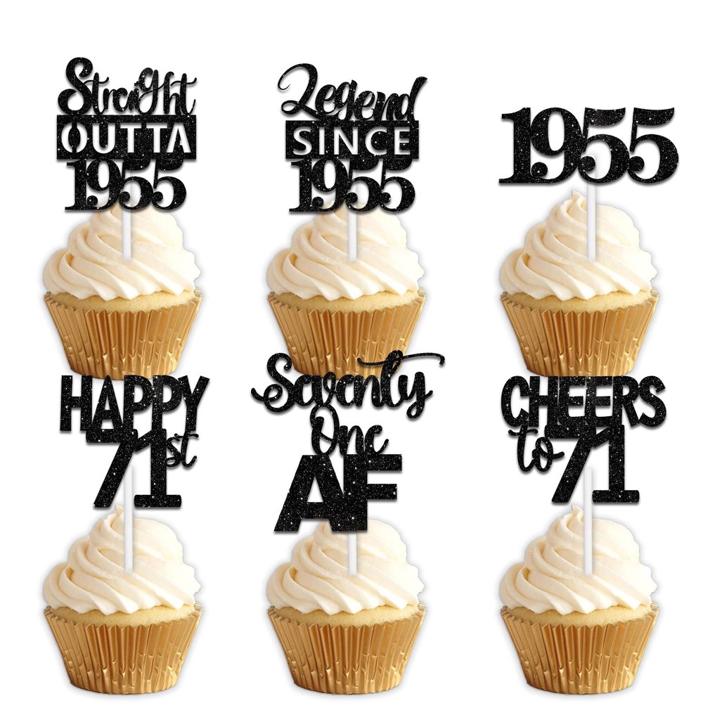 18pcs Black Glitter Dessert Cupcake Pick for Straight Outta 1955 Legend Since 1955 Theme Decor Supplies Men Happy 71st Birthday Party Decoration