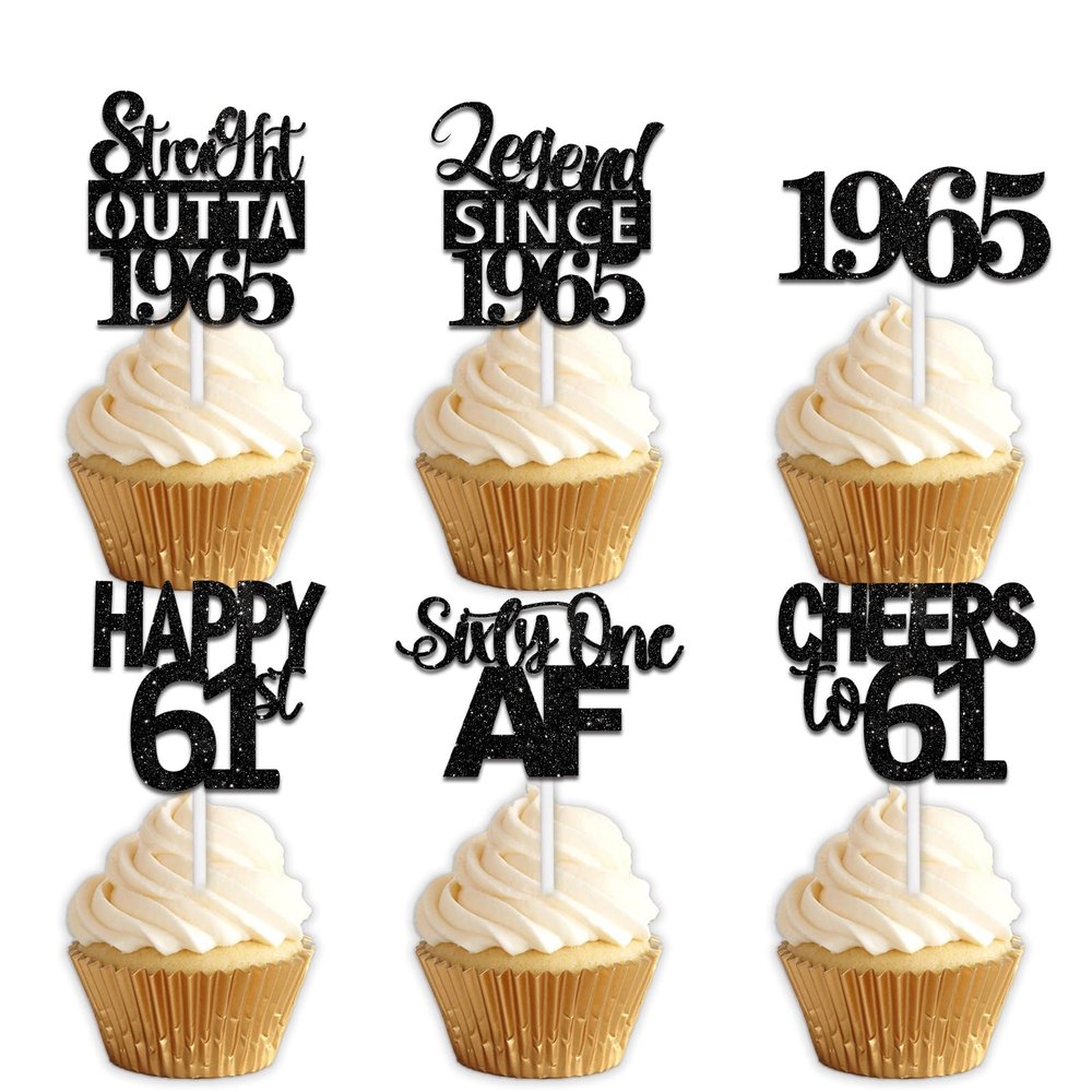 18pcs Black Glitter Dessert Cupcake Pick for Straight Outta 1965 Legend Since 1965 Theme Decor Supplies Men Happy 61st Birthday Party Decoration