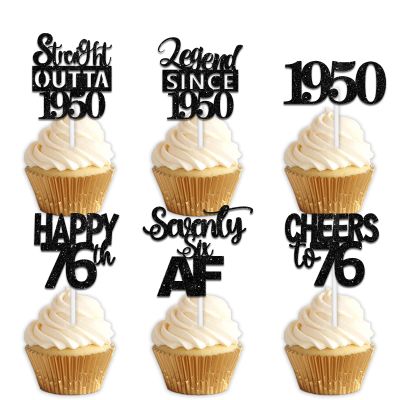 18pcs Black Glitter Dessert Cupcake Pick for Straight Outta 1950 Legend Since 1950 Theme Decor Supplies Men Happy 76th Birthday Party Decoration
