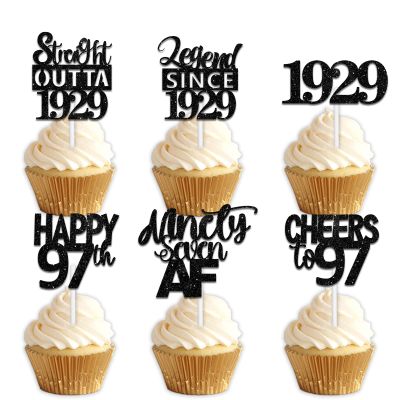 18pcs Black Glitter Dessert Cupcake Pick for Straight Outta 1929 Legend Since 1929 Theme Decor Supplies Men Happy 97th Birthday Party Decoration