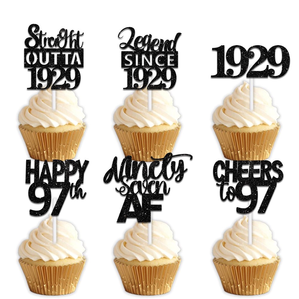18pcs Black Glitter Dessert Cupcake Pick for Straight Outta 1929 Legend Since 1929 Theme Decor Supplies Men Happy 97th Birthday Party Decoration