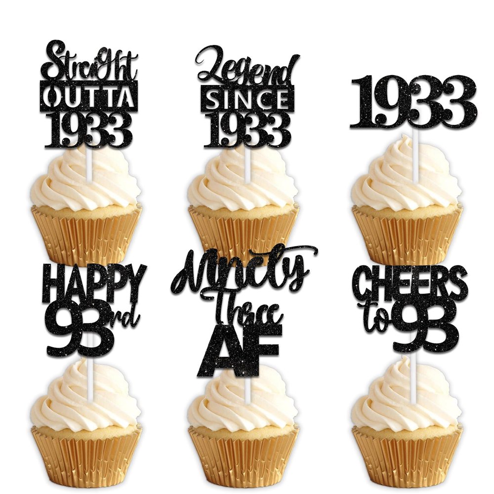 18pcs Black Glitter Dessert Cupcake Pick for Straight Outta 1933 Legend Since 1933 Theme Decor Supplies Men Happy 93rd Birthday Party Decoration