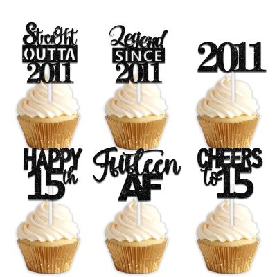18pcs Black Glitter Dessert Cupcake Pick for Straight Outta 2011 Legend Since 2011 Theme Decor Supplies Boys Happy 15th Birthday Party Decoration