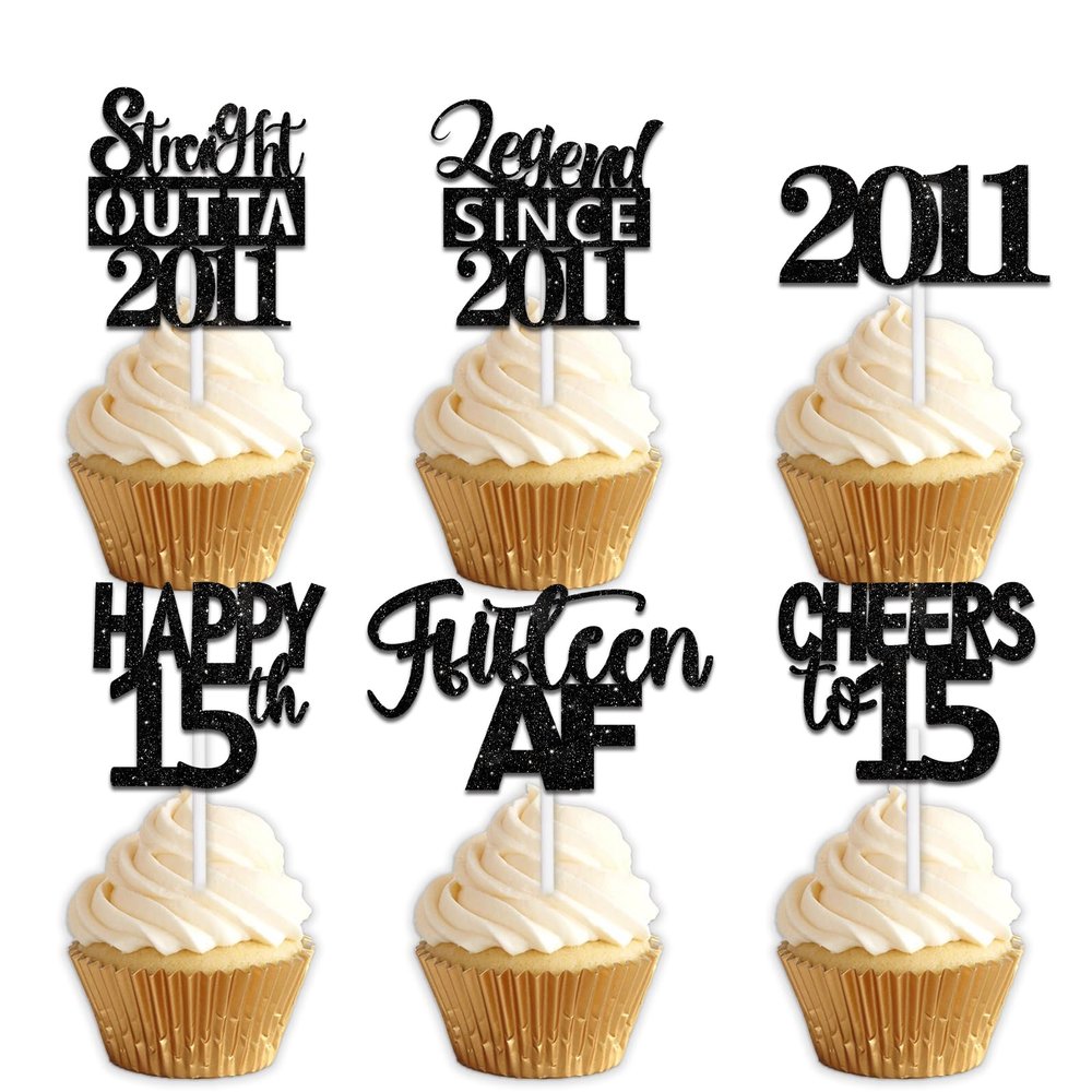 18pcs Black Glitter Dessert Cupcake Pick for Straight Outta 2011 Legend Since 2011 Theme Decor Supplies Boys Happy 15th Birthday Party Decoration