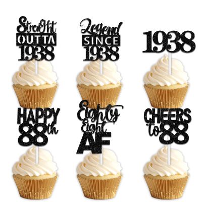 18pcs Black Glitter Dessert Cupcake Pick for Straight Outta 1938 Legend Since 1938 Theme Decor Supplies Men Happy 88th Birthday Party Decoration
