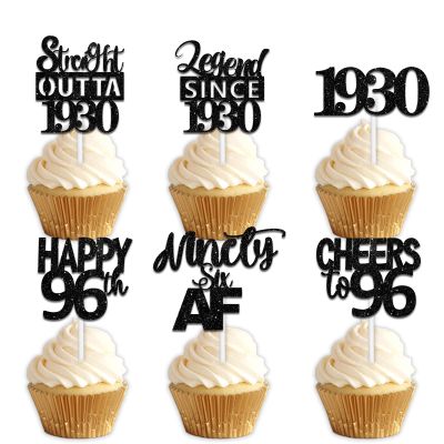18pcs Black Glitter Dessert Cupcake Pick for Straight Outta 1930 Legend Since 1930 Theme Decor Supplies Men Happy 96th Birthday Party Decoration