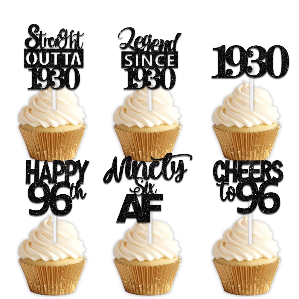 18pcs Black Glitter Dessert Cupcake Pick for Straight Outta 1930 Legend Since 1930 Theme Decor Supplies Men Happy 96th Birthday Party Decoration