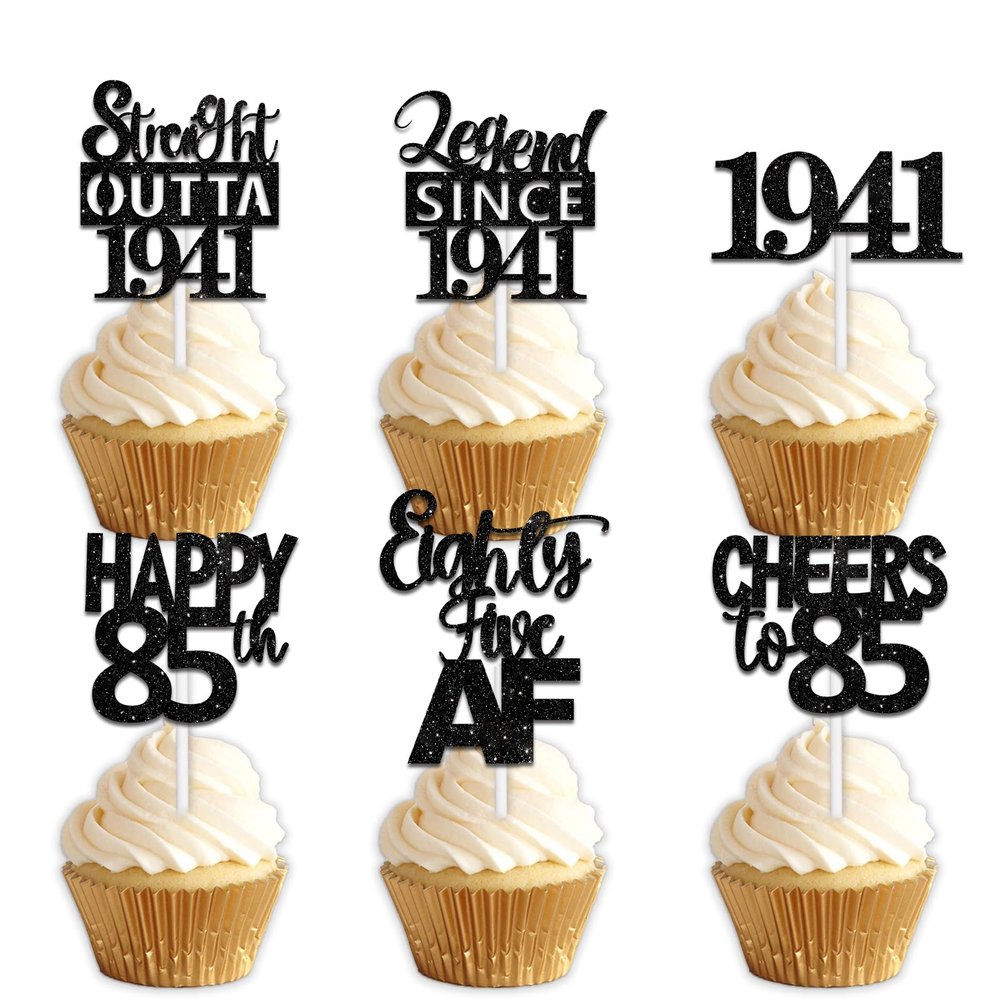18pcs Black Glitter Dessert Cupcake Pick for Straight Outta 1941 Legend Since 1941 Theme Decor Supplies Men Happy 85th Birthday Party Decoration
