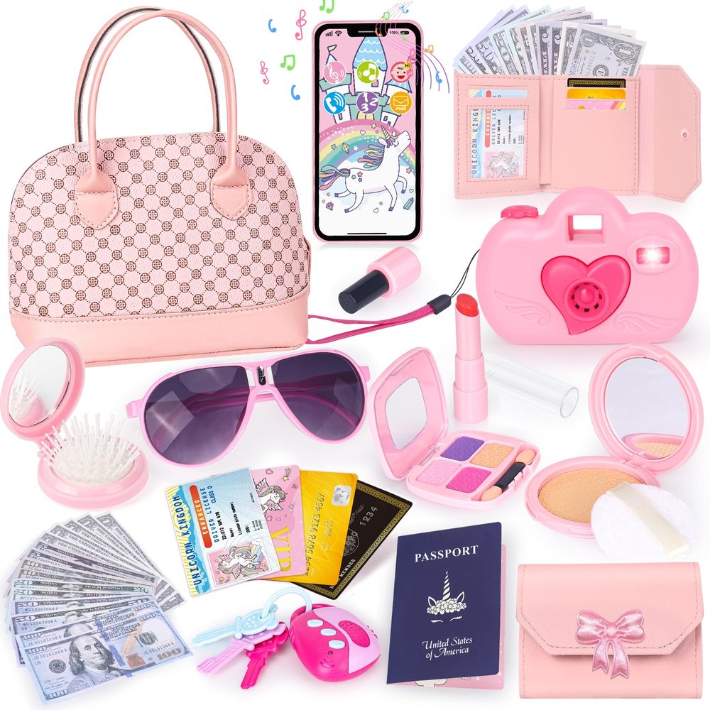 KUBUSFLY Toddler Play Purse for Little Girls, 35PCS Kids Purse with Pretend Play Princess Toys Includes Handbag, Camera, Phone, Wallet, Key, Kids Purse Birthday Gift for Girls Toddler Age 3 4 5 6+
