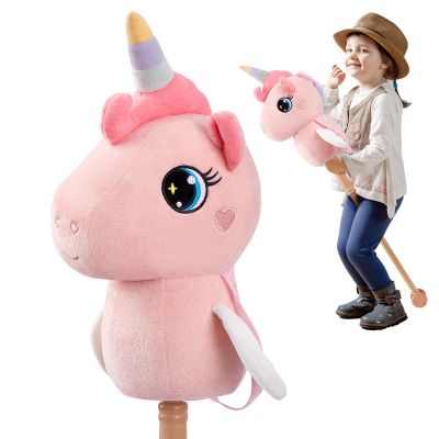 FUNLIO Unicorn Stick Horse for Kids 3+, Rainbow Fairy Hobby Horse with Soft Plush & Wood Wheels, Neighing and Galloping Sound for Pretend Play & Creativity, Stick Horses Gift, CPC&CE Certified - Pink