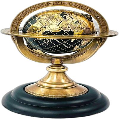 5.10" Nautical Brass Armillary Sphere World Globe with Jet Black Map & Black color Wooden Base Elegant & Durable Decorative Accent for Home or Office