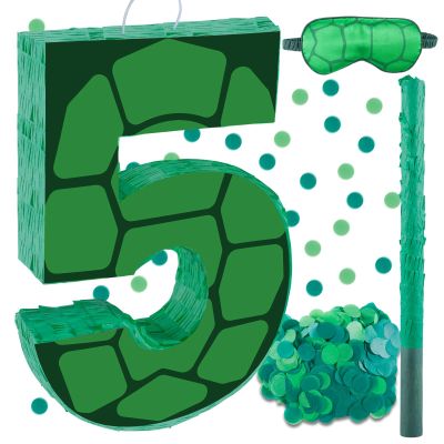 16 Inch Turtle Number 5 Pinata, Turtle Birthday Decorations, Turtle Theme Pinata with 16 Inch Stick Blindfold Confetti for Boy Girl Kids 5th Birthday Party Supplies(5th)