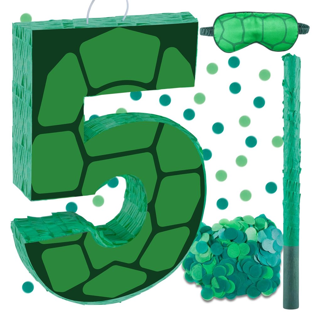 16 Inch Turtle Number 5 Pinata, Turtle Birthday Decorations, Turtle Theme Pinata with 16 Inch Stick Blindfold Confetti for Boy Girl Kids 5th Birthday Party Supplies(5th)