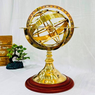 Armillary Brass Sphere Globe Wooden base Pirate's Antique Ship Nautical Sphere Globe 18 Inch (Brass)