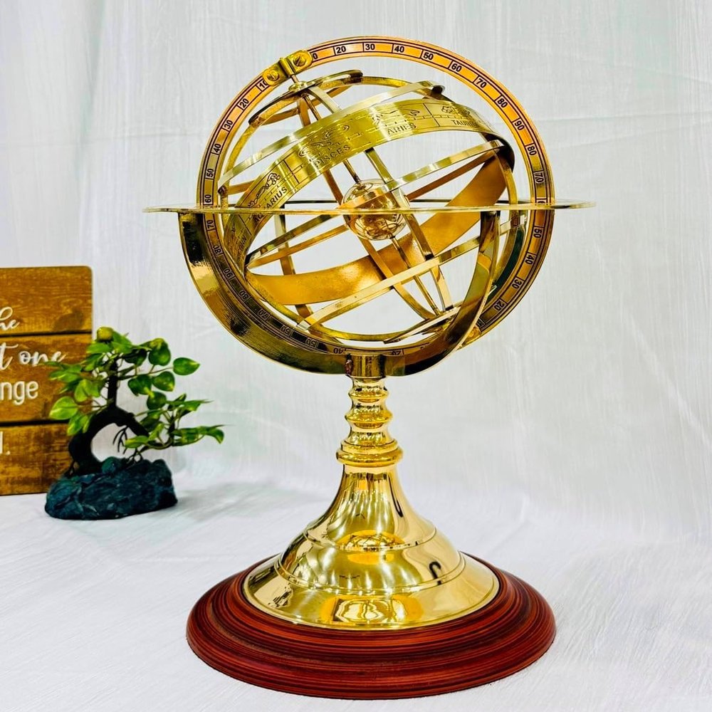 Armillary Brass Sphere Globe Wooden base Pirate's Antique Ship Nautical Sphere Globe 18 Inch (Brass)