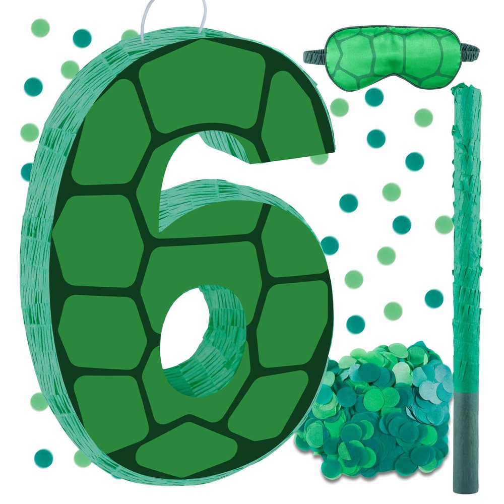 16 Inch Turtle Number 6 Pinata, Turtle Birthday Decorations, Turtle Theme Pinata with 16 Inch Stick Blindfold Confetti for Boy Girl Kids 6th Birthday Party Supplies(6th)