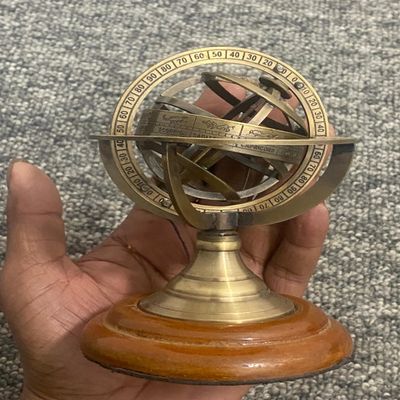Antique Vintage Brass Armillary Globe Astrolabe Tabletop Sphere With Wooden Base 5 Inch