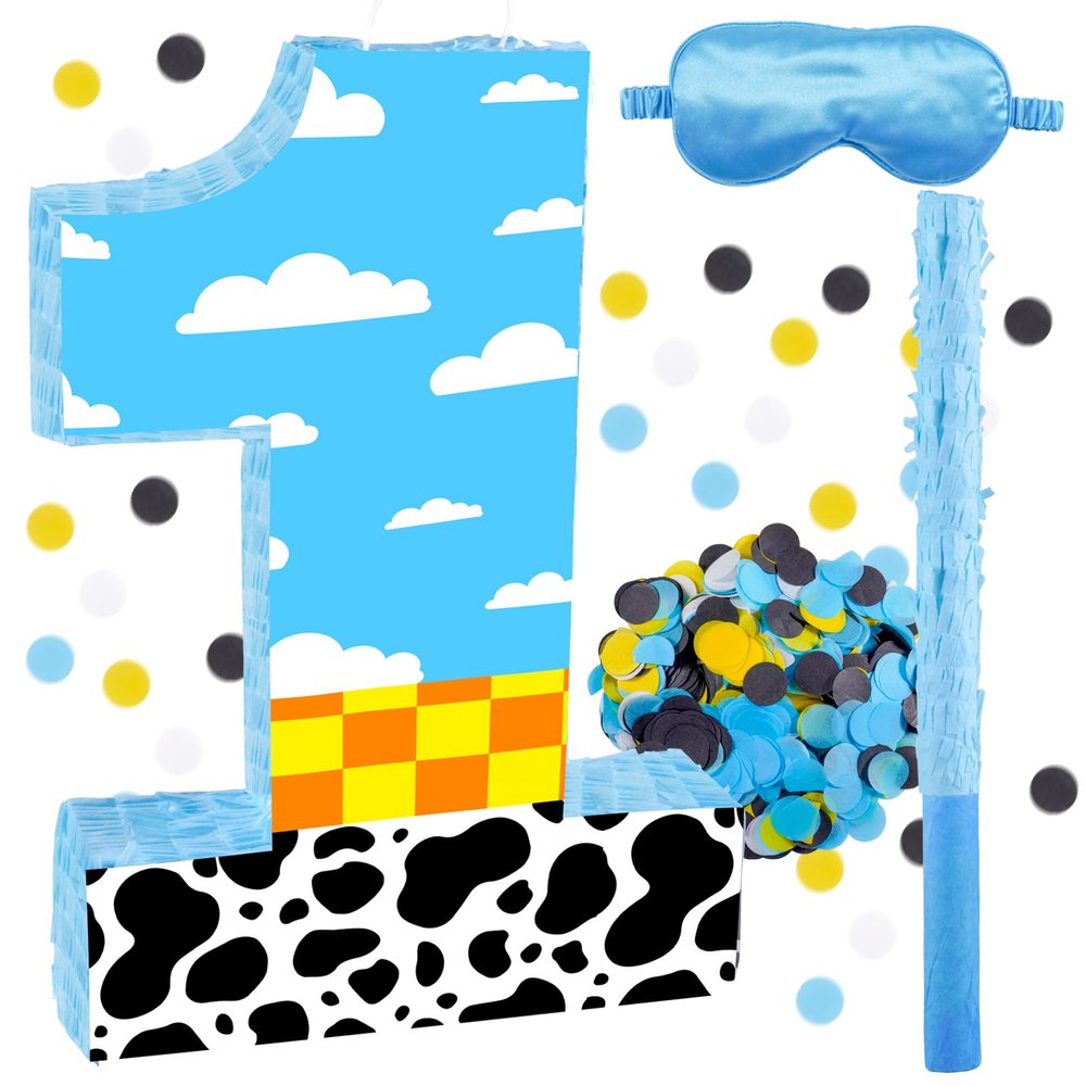 16 Inch Number 1 White Cloud Pinata with 16 Inch Piata Stick Blindfold Confetti for Boy Girl Kids 1st Birthday Party Decorations(1st)