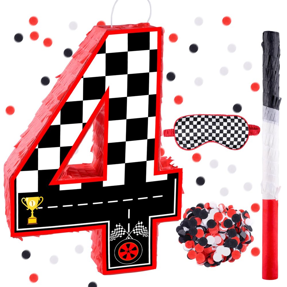 16 Inch Number 4 Race Car Pinata with 16 Inch Piata Stick Blindfold Confetti for Boy Girl Kids 4th Birthday Party Decorations(4th)