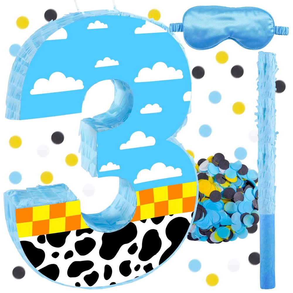 16 Inch Number 3 White Cloud Pinata with 16 Inch Piata Stick Blindfold Confetti for Boy Girl Kids 3rd Birthday Party Decorations(3rd)