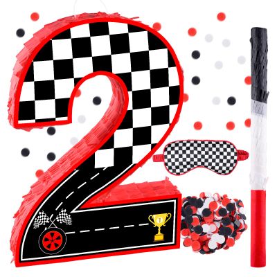 16 Inch Number 2 Race Car Pinata with 16 Inch Piata Stick Blindfold Confetti for Boy Girl Kids 2nd Birthday Party Decorations(2nd)