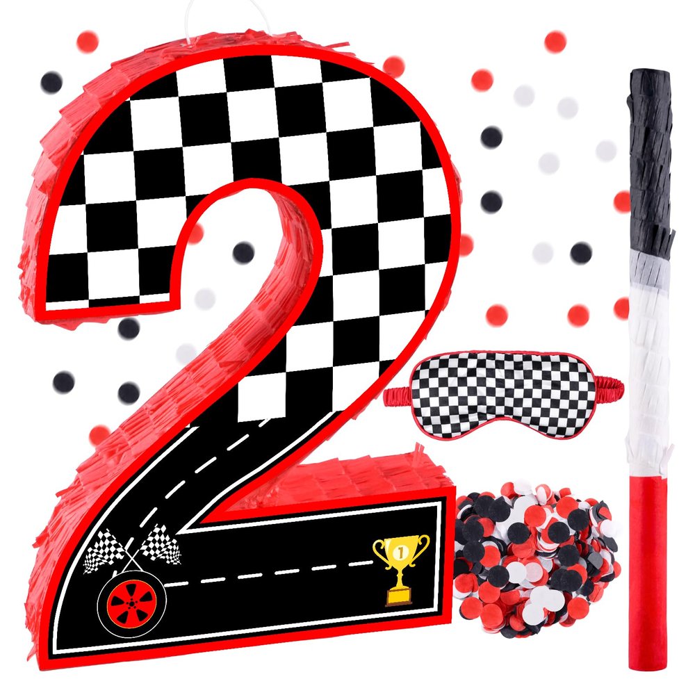 16 Inch Number 2 Race Car Pinata with 16 Inch Piata Stick Blindfold Confetti for Boy Girl Kids 2nd Birthday Party Decorations(2nd)