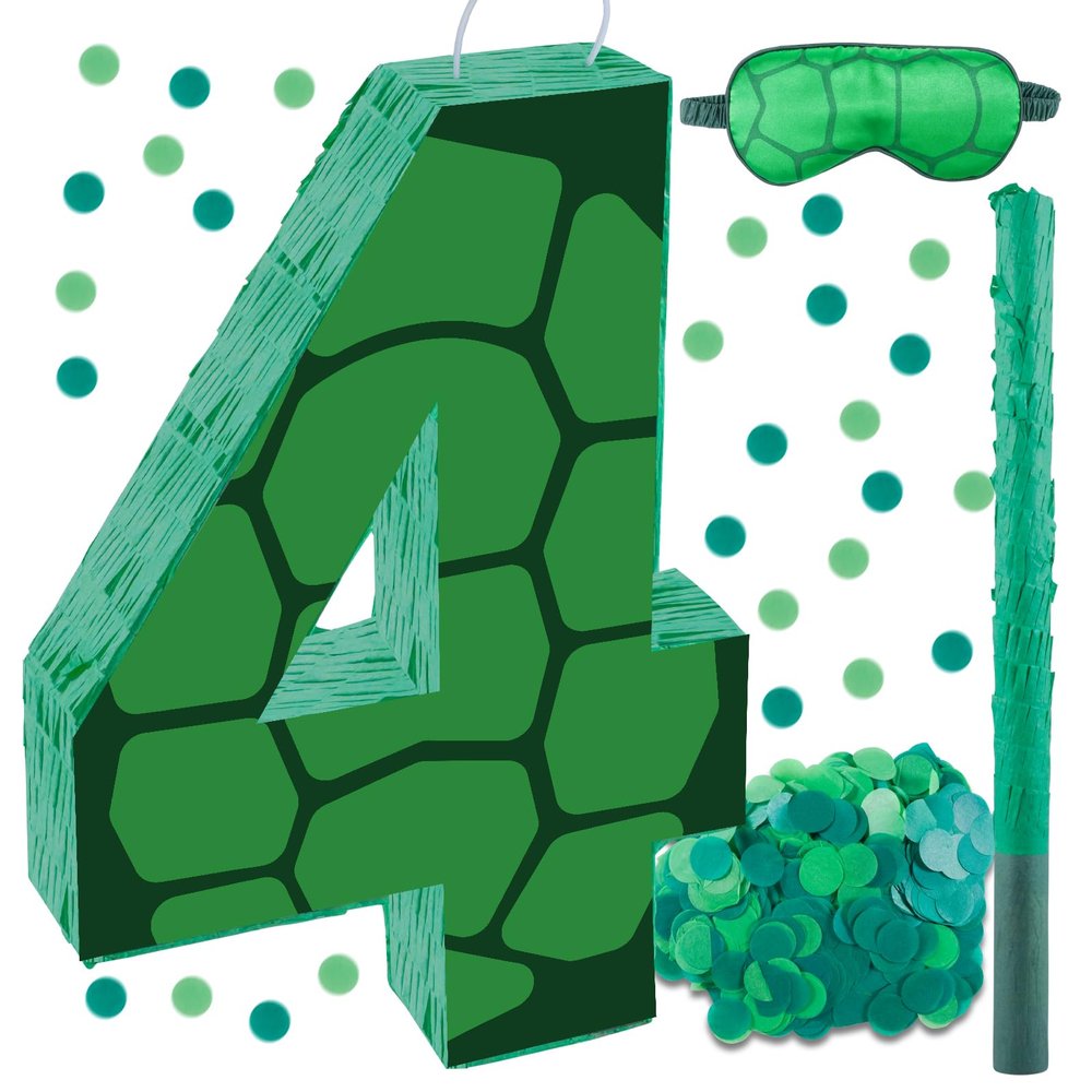 16 Inch Turtle Number 4 Pinata, Turtle Birthday Decorations, Turtle Theme Pinata with 16 Inch Stick Blindfold Confetti for Boy Girl Kids 4th Birthday Party Supplies(4th)