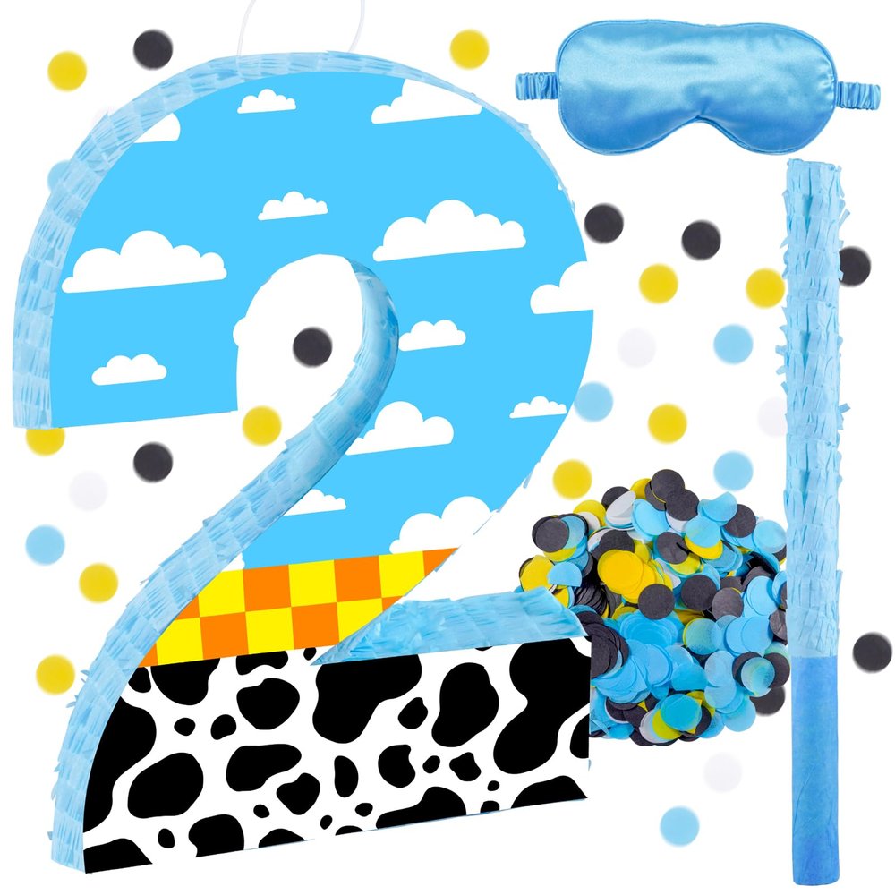 16 Inch Number 2 White Cloud Pinata with 16 Inch Piata Stick Blindfold Confetti for Boy Girl Kids 2nd Birthday Party Decorations(2nd)