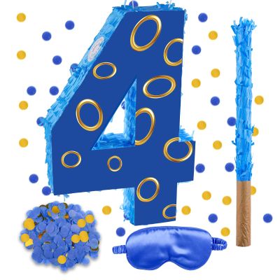 16 Inch Number 4 Double Sided Printing Blue Gold Ring Pinata with 16 Inch Piata Stick Blindfold Confetti for Boy Girl Kids 4th Birthday Party Decorations (4th)