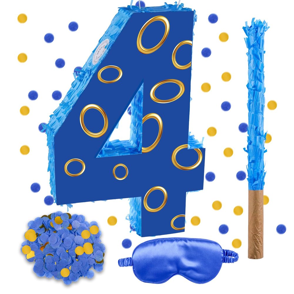 16 Inch Number 4 Double Sided Printing Blue Gold Ring Pinata with 16 Inch Piata Stick Blindfold Confetti for Boy Girl Kids 4th Birthday Party Decorations (4th)