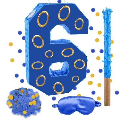 16 Inch Number 6 Double Sided Printing Blue Gold Ring Pinata with 16 Inch Piata Stick Blindfold Confetti for Boy Girl Kids 6th Birthday Party Decorations (6th)