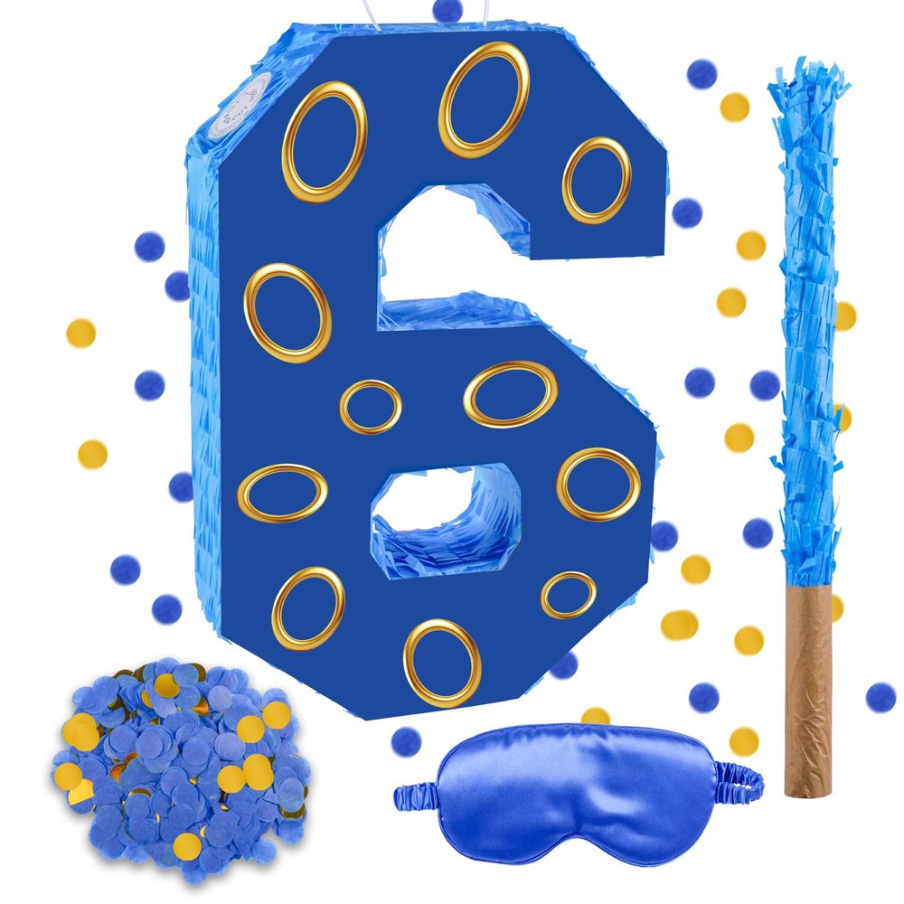16 Inch Number 6 Double Sided Printing Blue Gold Ring Pinata with 16 Inch Piata Stick Blindfold Confetti for Boy Girl Kids 6th Birthday Party Decorations (6th)