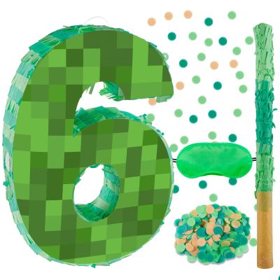 16 Inch Pixel Number 6 Pinata, Birthday Pinata with 16 Inch Piata Stick Blindfold Confetti for Kids 6th Birthday Party Decorations(6th)