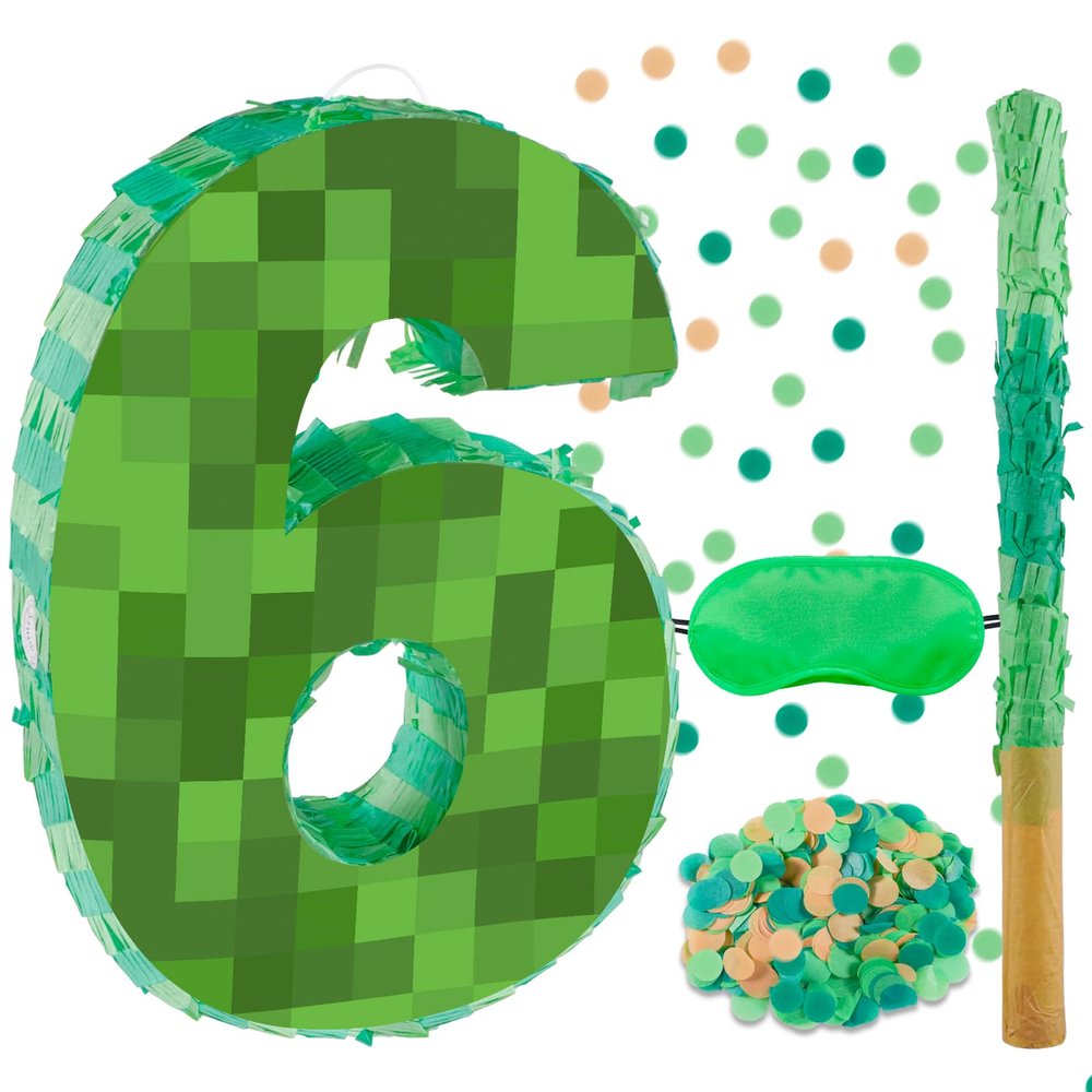 16 Inch Pixel Number 6 Pinata, Birthday Pinata with 16 Inch Piata Stick Blindfold Confetti for Kids 6th Birthday Party Decorations(6th)