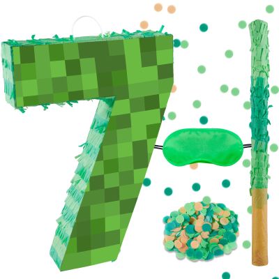 16 Inch Pixel Number 7 Pinata, Birthday Pinata with 16 Inch Piata Stick Blindfold Confetti for Kids 7th Birthday Party Decorations(7th)
