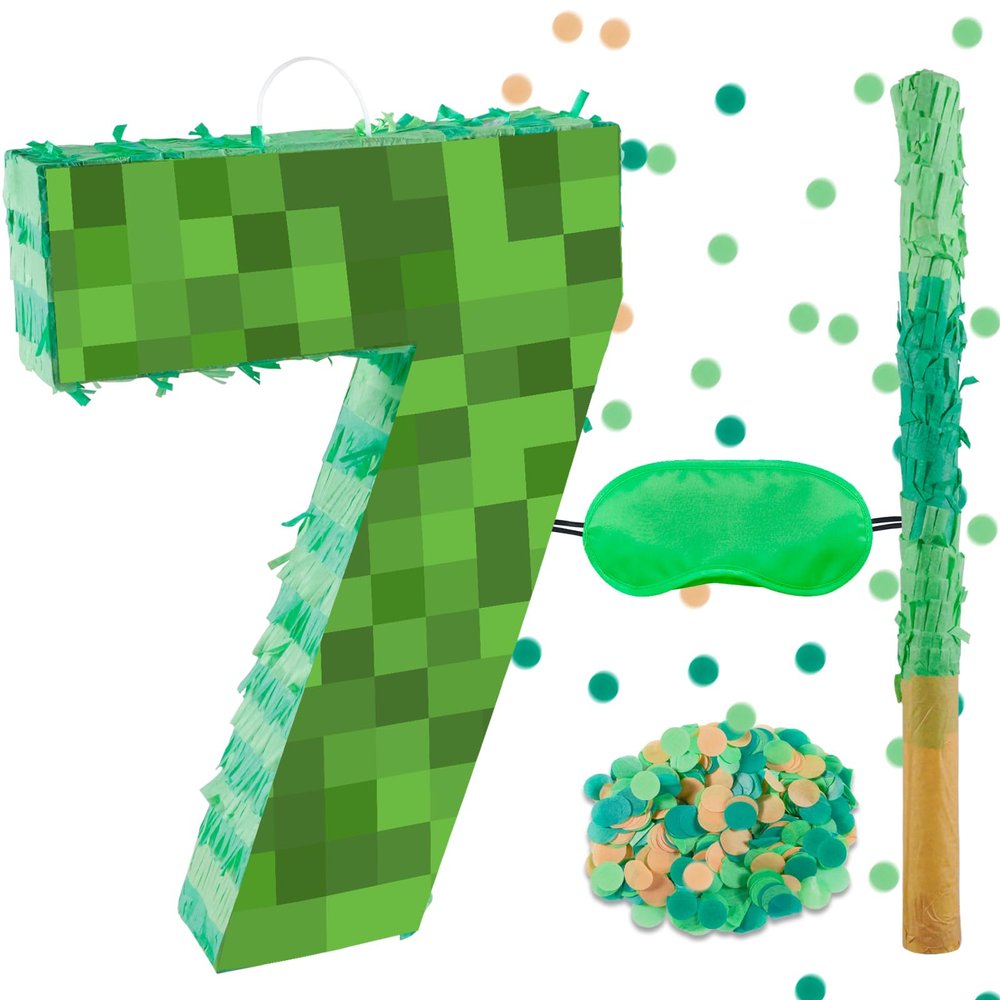 16 Inch Pixel Number 7 Pinata, Birthday Pinata with 16 Inch Piata Stick Blindfold Confetti for Kids 7th Birthday Party Decorations(7th)
