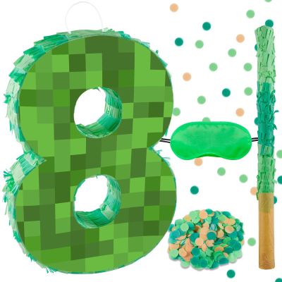 16 Inch Pixel Number 8 Pinata, Birthday Pinata with 16 Inch Piata Stick Blindfold Confetti for Kids 8th Birthday Party Decorations(8th)