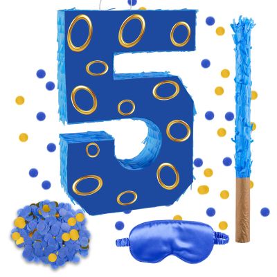 16 Inch Number 5 Double Sided Printing Blue Gold Ring Pinata with 16 Inch Piata Stick Blindfold Confetti for Boy Girl Kids 5th Birthday Party Decorations (5th)