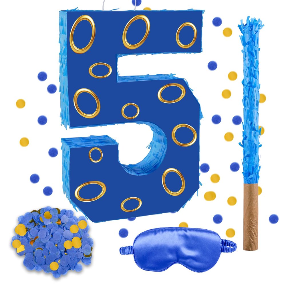 16 Inch Number 5 Double Sided Printing Blue Gold Ring Pinata with 16 Inch Piata Stick Blindfold Confetti for Boy Girl Kids 5th Birthday Party Decorations (5th)