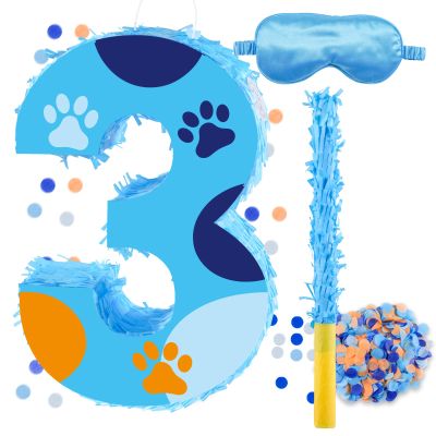 16 Inch Number 3 Dog Paw Pinata with 16 Inch Piata Stick Blindfold Confetti for Boy Girl Kids 3rd Birthday Party Decorations (3rd)