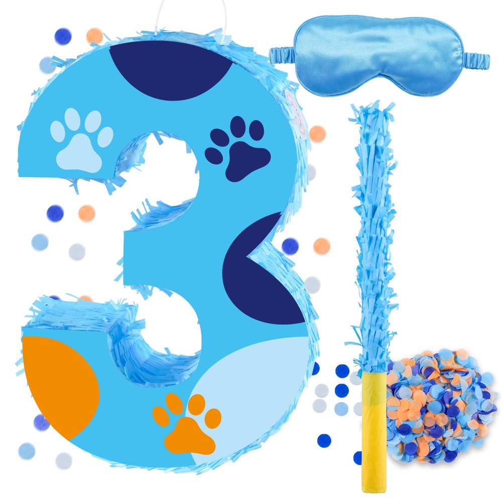 16 Inch Number 3 Dog Paw Pinata with 16 Inch Piata Stick Blindfold Confetti for Boy Girl Kids 3rd Birthday Party Decorations (3rd)