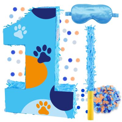 16 Inch Number 1 Dog Paw Pinata with 16 Inch Piata Stick Blindfold Confetti for Boy Girl Kids 1st Birthday Party Decorations (1st)