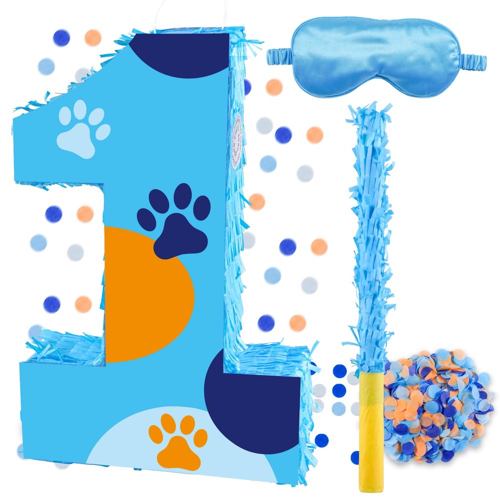 16 Inch Number 1 Dog Paw Pinata with 16 Inch Piata Stick Blindfold Confetti for Boy Girl Kids 1st Birthday Party Decorations (1st)