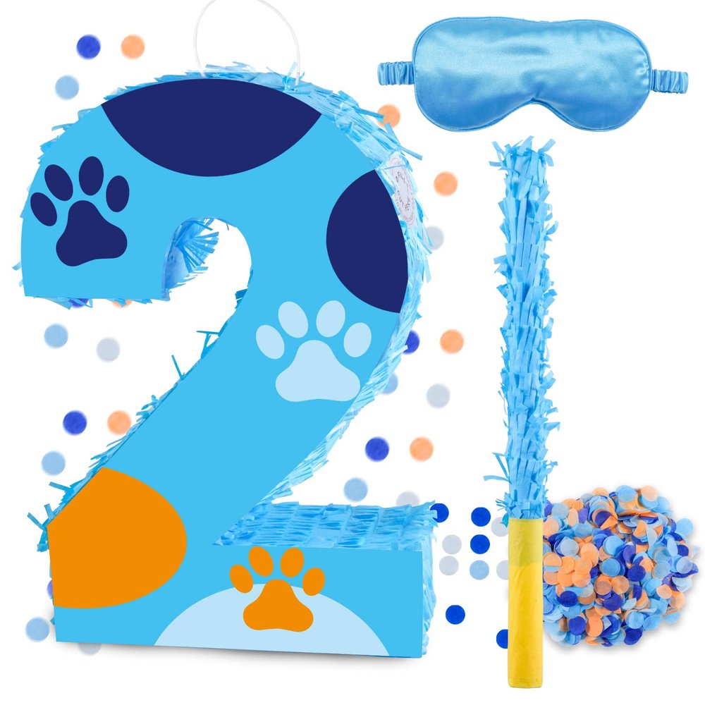 16 Inch Number 2 Dog Paw Pinata with 16 Inch Piata Stick Blindfold Confetti for Boy Girl Kids 2nd Birthday Party Decorations (2nd)