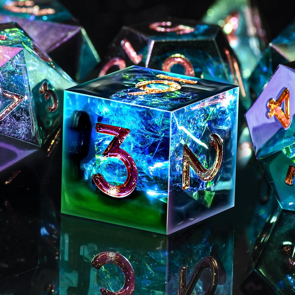 AUSTOR 7-Die DND Dice Set Handmade Sharp Edge Polyhedral Dice for Dungeons and Dragons D&D RPG MTG Table GamesElectroplating Black&Blue,Gold