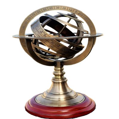 Decorative Brass Armillary Sphere, Antique Style Globe with Zodiac Details, 360-Degree Base, Wooden Stand
